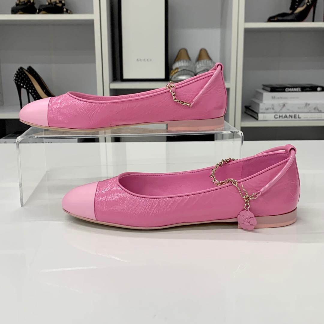 Chanel CC Logo Camellia Leather Chain Strap Flat Shoes — view 3