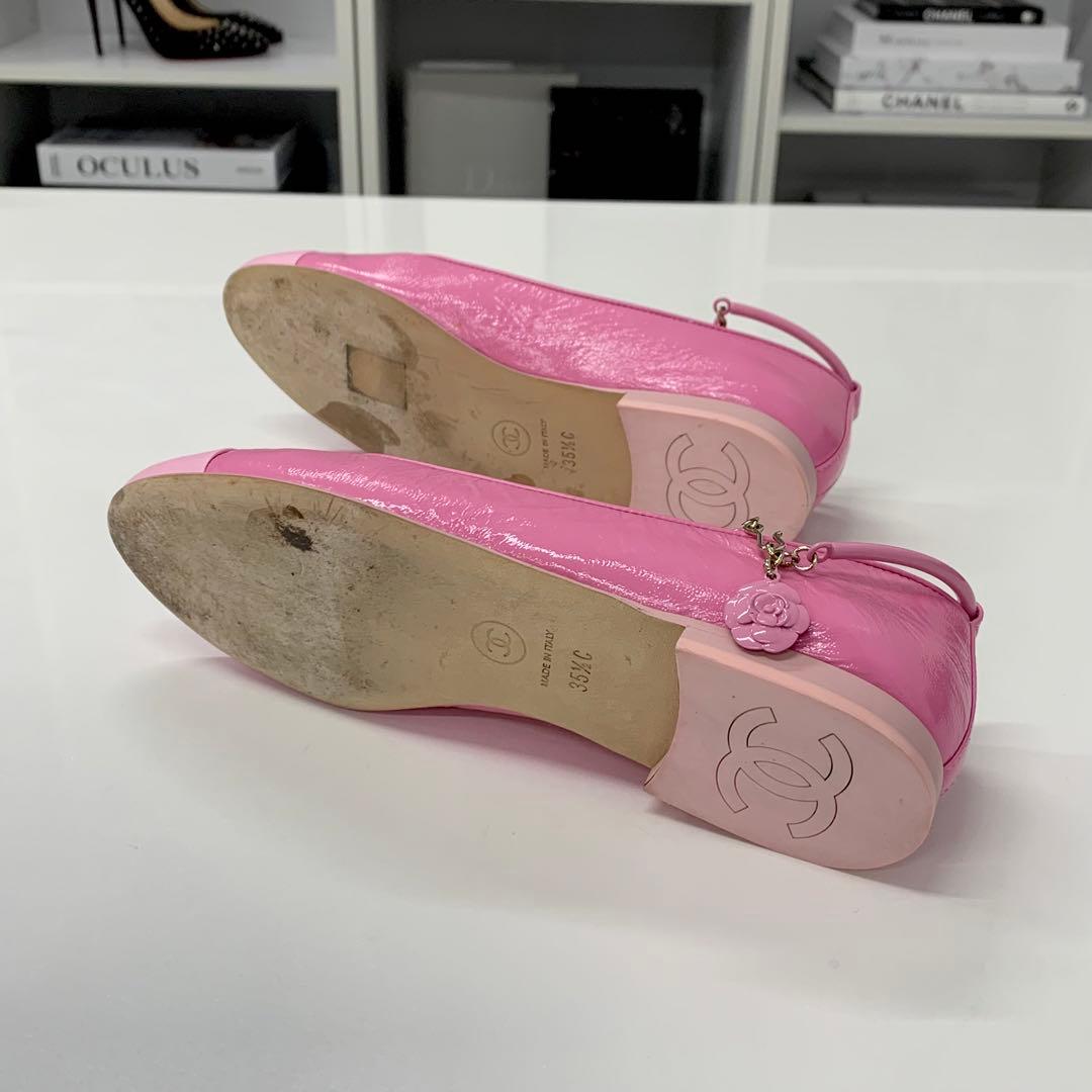 Chanel CC Logo Camellia Leather Chain Strap Flat Shoes — view 6