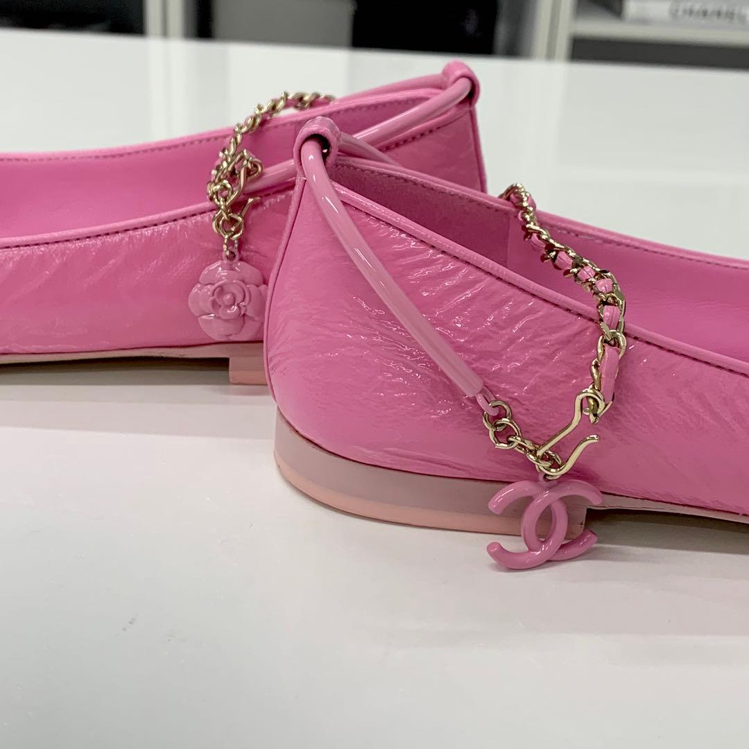 Chanel CC Logo Camellia Leather Chain Strap Flat Shoes — view 9