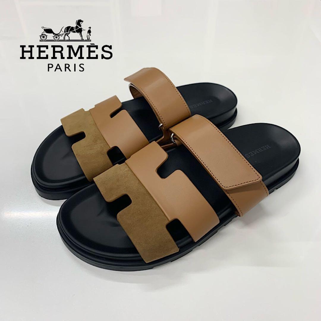 Hermes Chypre Leather Suede Velcro Strap Flat Sandals