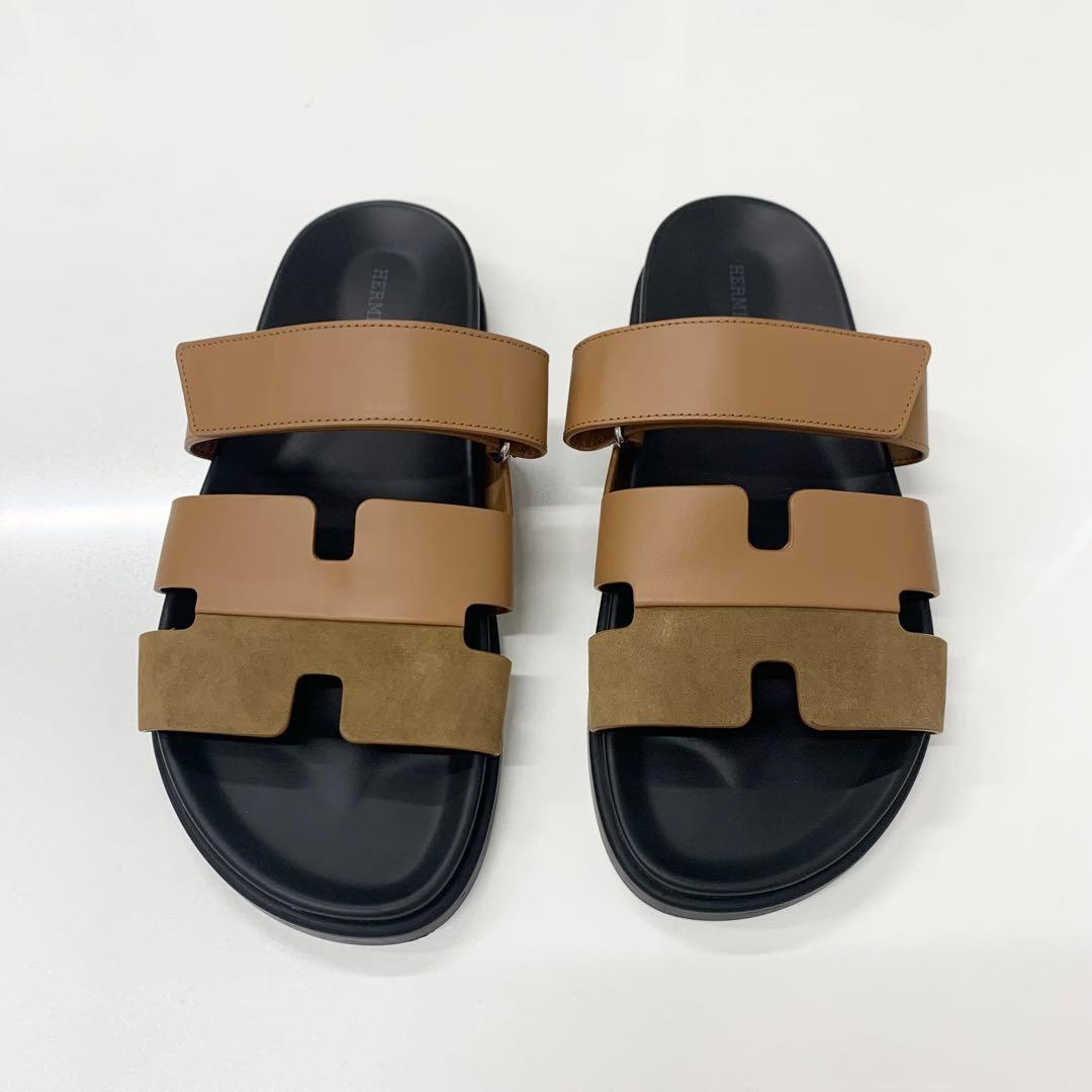 Hermes Chypre Leather Suede Velcro Strap Flat Sandals — view 2