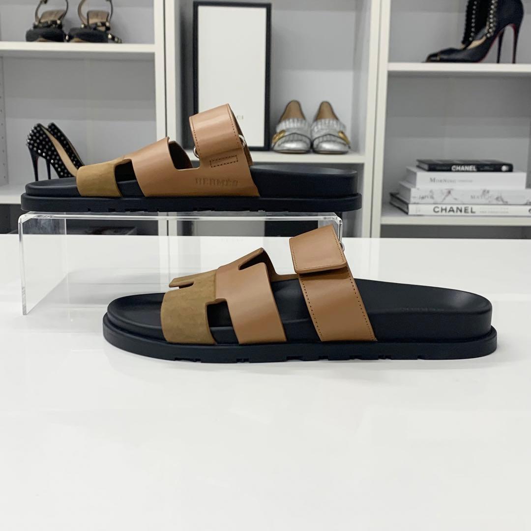Hermes Chypre Leather Suede Velcro Strap Flat Sandals — view 3