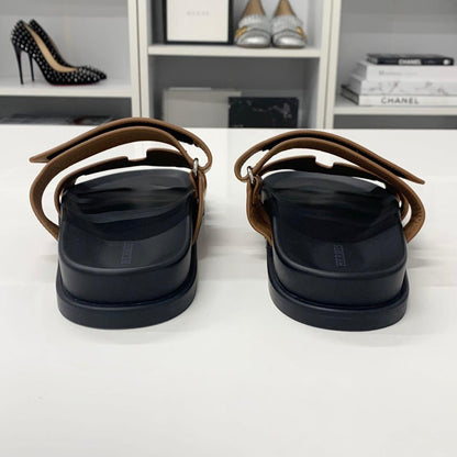 Hermes Chypre Leather Suede Velcro Strap Flat Sandals — view 5