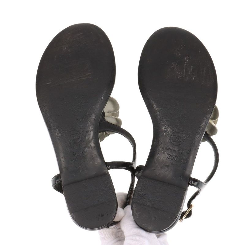 Chanel Coco Mark Camellia Patent Leather Sandals Women's 35C Black And Ivory