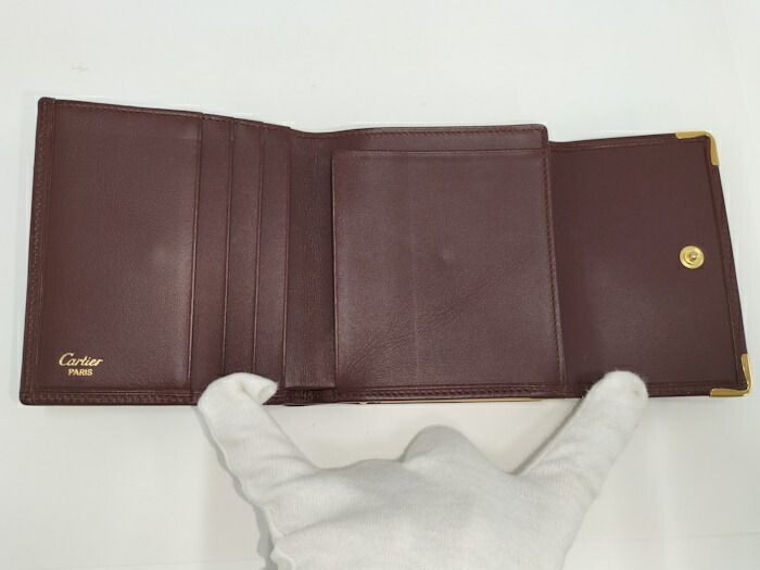 Cartier Compact Wallet Trifold Clasp Closure Mastline Leather Bordeaux