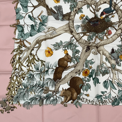 Hermes Carre 90 U Coeur DES BOIS In The Woods Pink 100% Silk Scarf