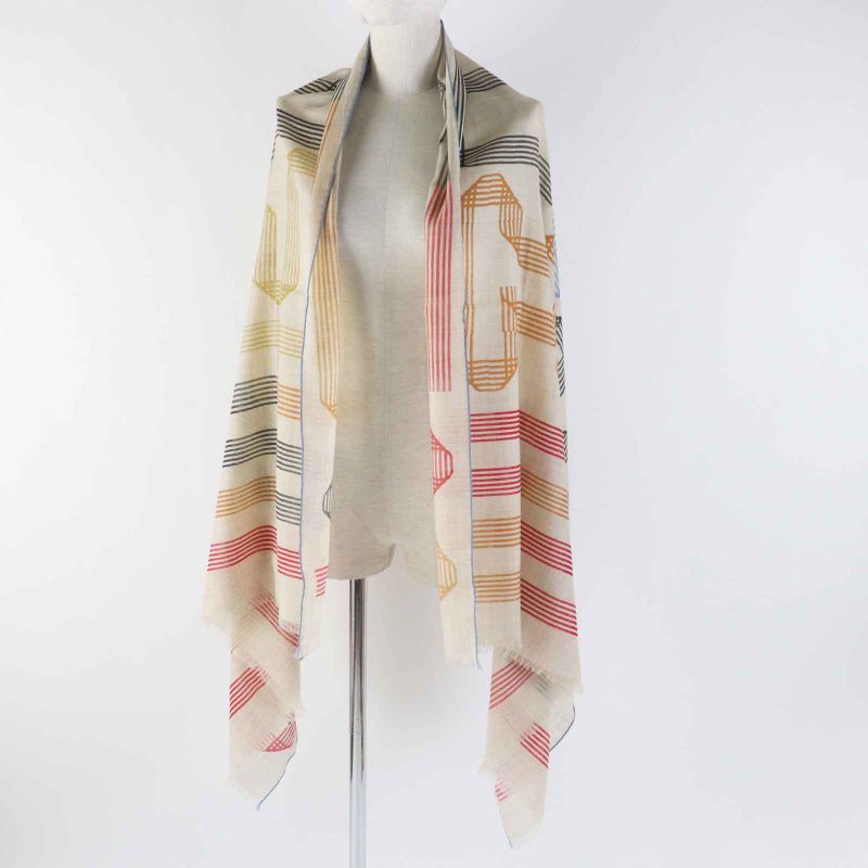 Hermes Les Rubans D'Hermes Ribbon 100% Cashmere Stole Beige Multi With Box