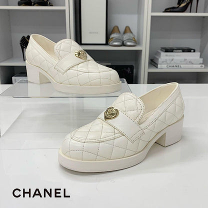 Chanel Leather CC Logo Quilted Loafers White