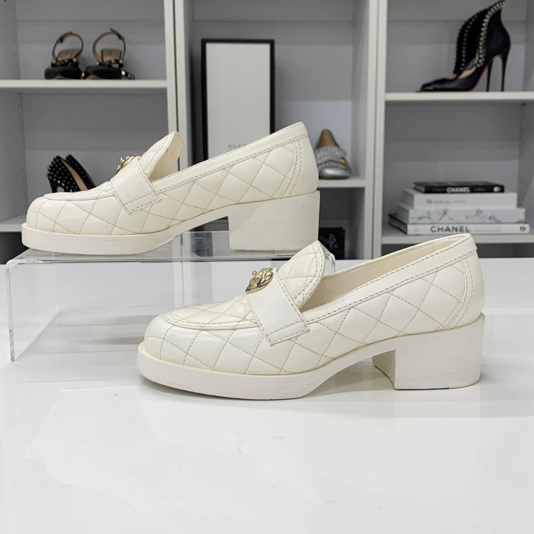 Chanel Leather CC Logo Quilted Loafers White — view 2