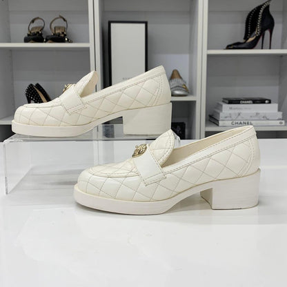 Chanel Leather CC Logo Quilted Loafers White — view 2