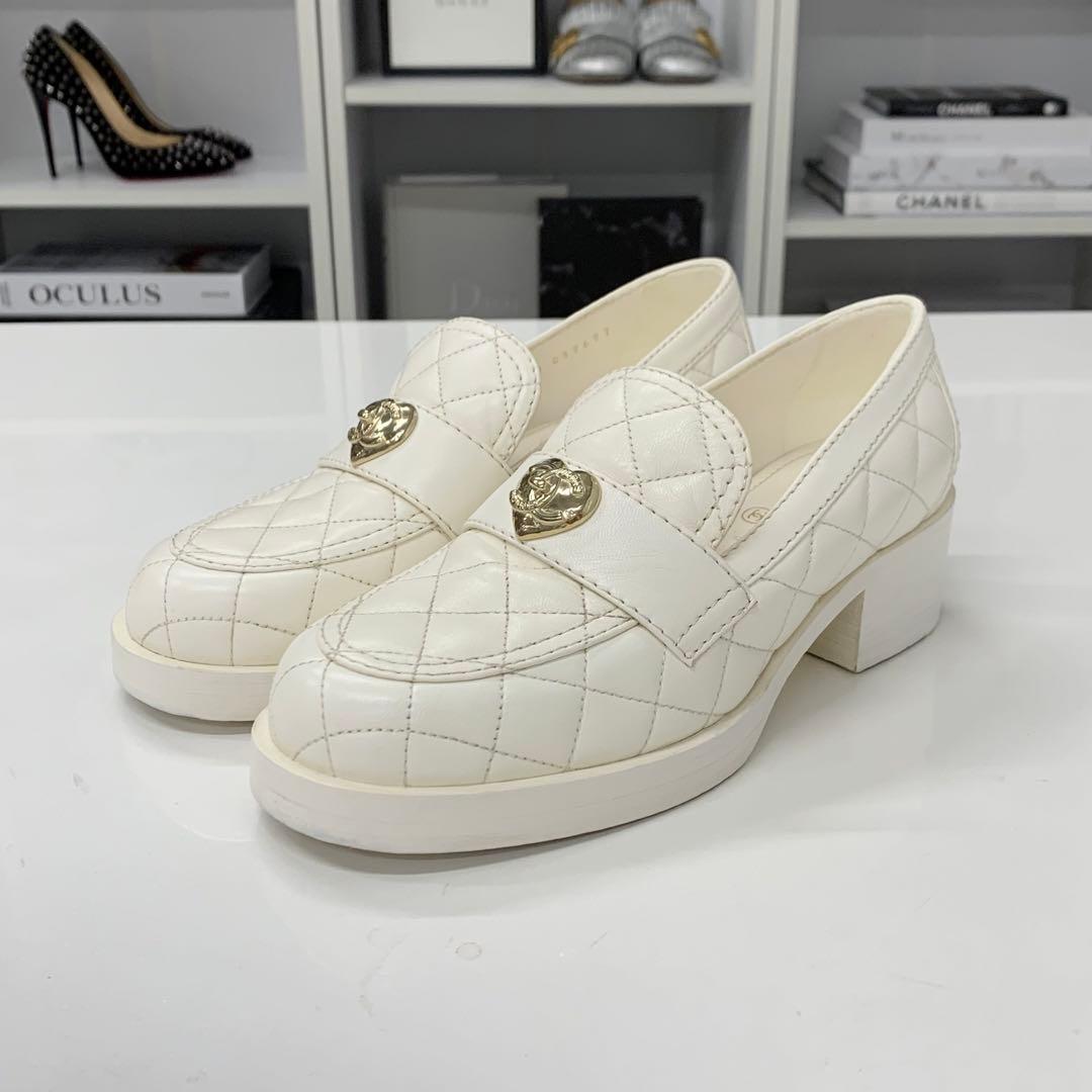 Chanel Leather CC Logo Quilted Loafers White — view 3