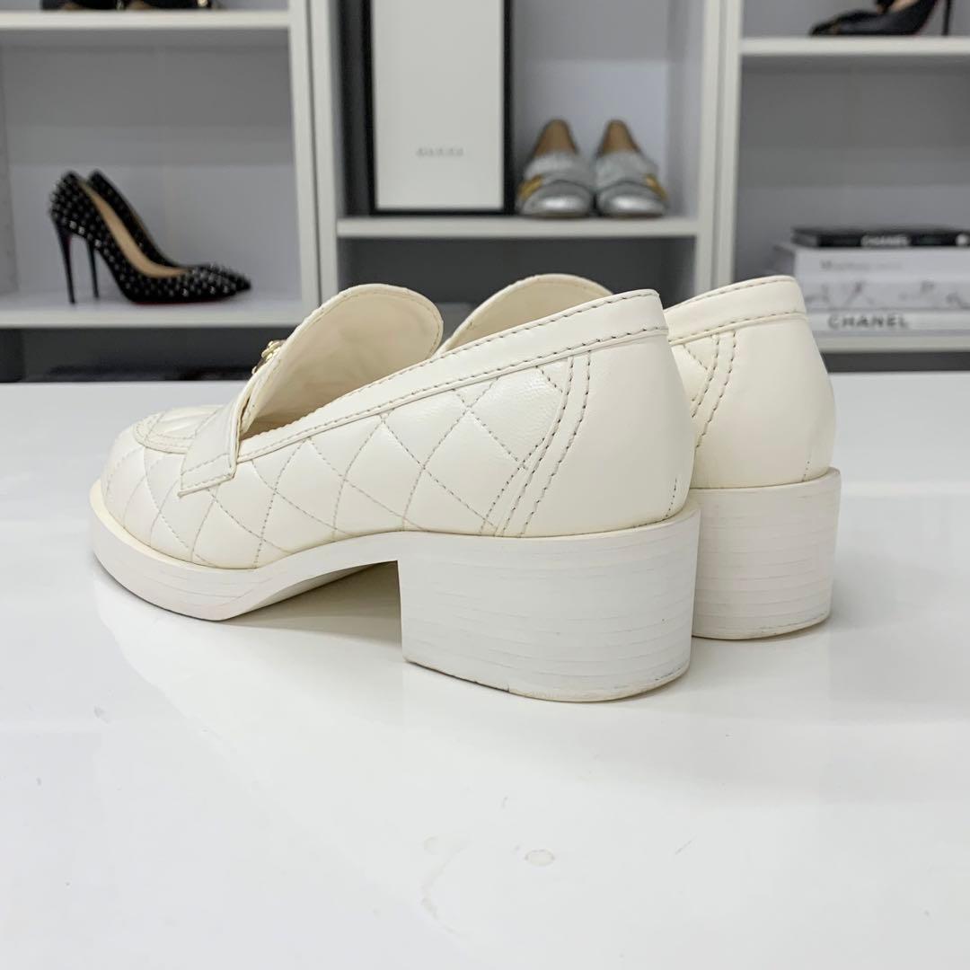 Chanel Leather CC Logo Quilted Loafers White — view 5