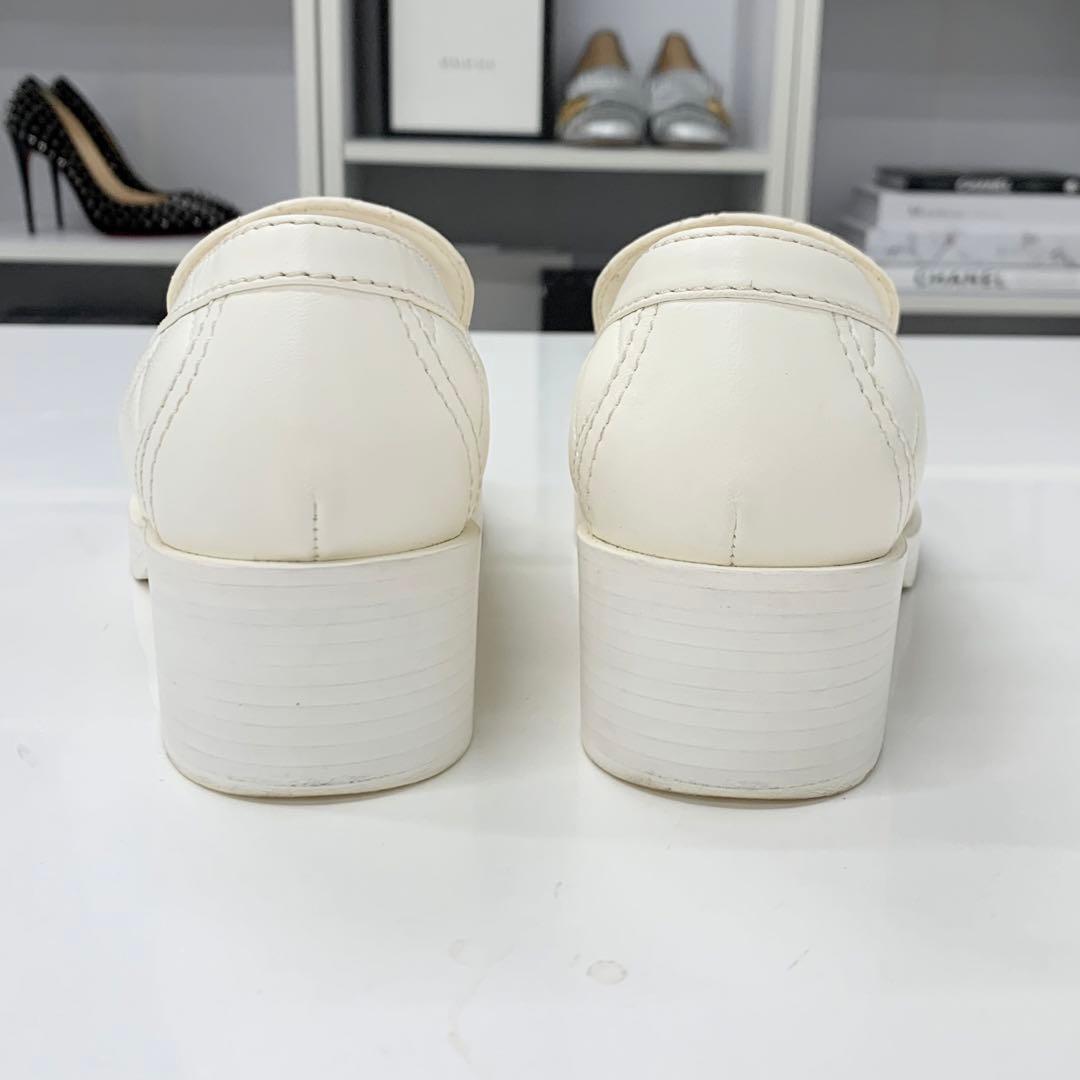 Chanel Leather CC Logo Quilted Loafers White — view 6