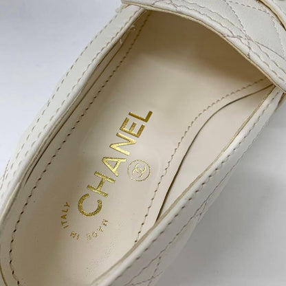 Chanel Leather CC Logo Quilted Loafers White — view 8