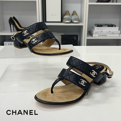 Chanel CC Logo Leather Quilted Strap Sandals Black