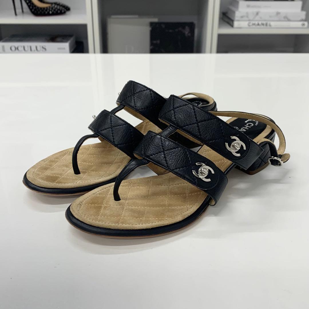 Chanel CC Logo Leather Quilted Strap Sandals Black — view 3