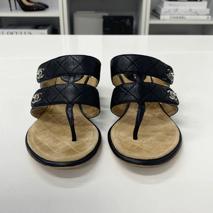 Chanel CC Logo Leather Quilted Strap Sandals Black — view 4