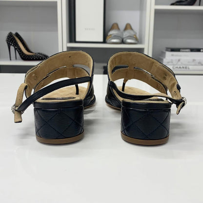 Chanel CC Logo Leather Quilted Strap Sandals Black — view 6