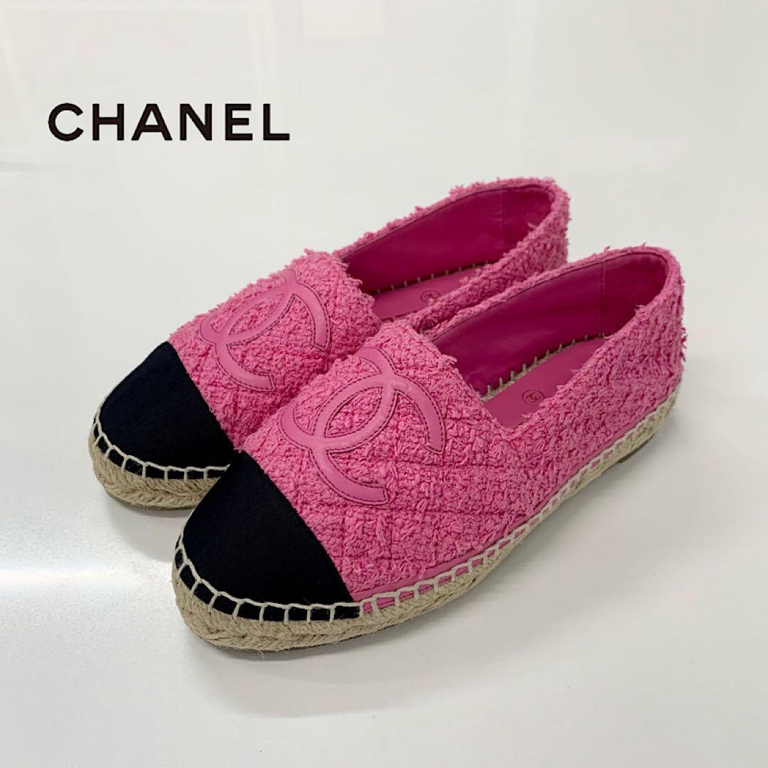 Chanel CC Logo Espadrilles Tweed Leather Flat Shoes Pink