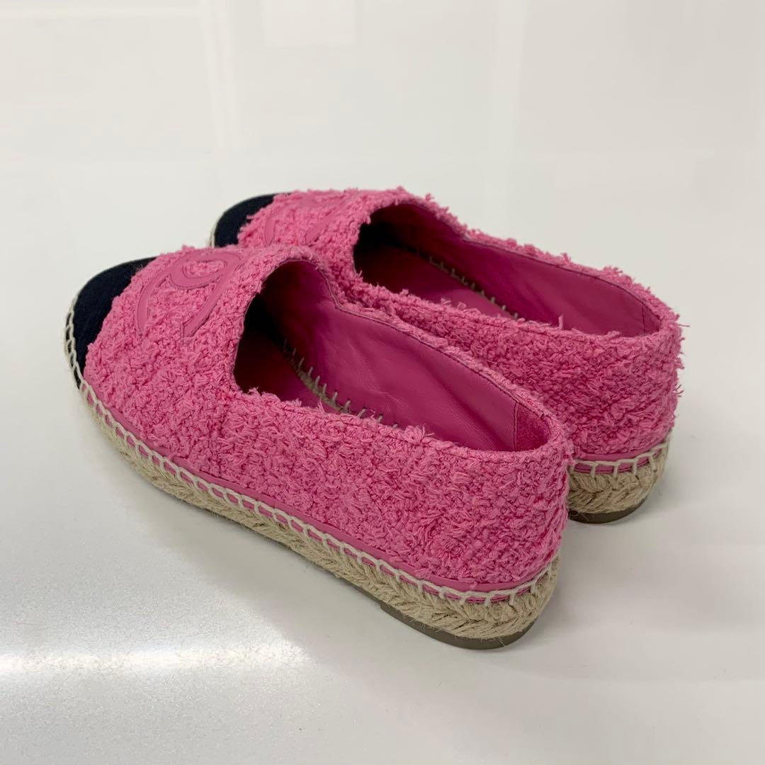 Chanel CC Logo Espadrilles Tweed Leather Flat Shoes Pink — view 4