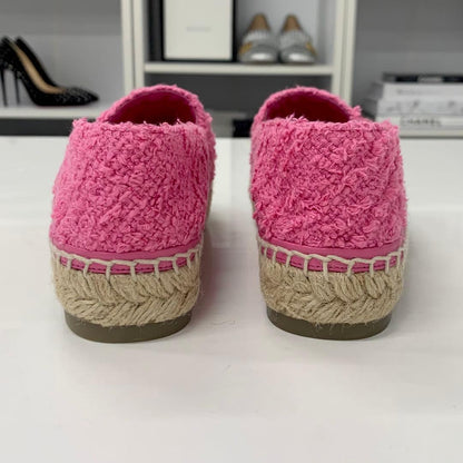 Chanel CC Logo Espadrilles Tweed Leather Flat Shoes Pink — view 5