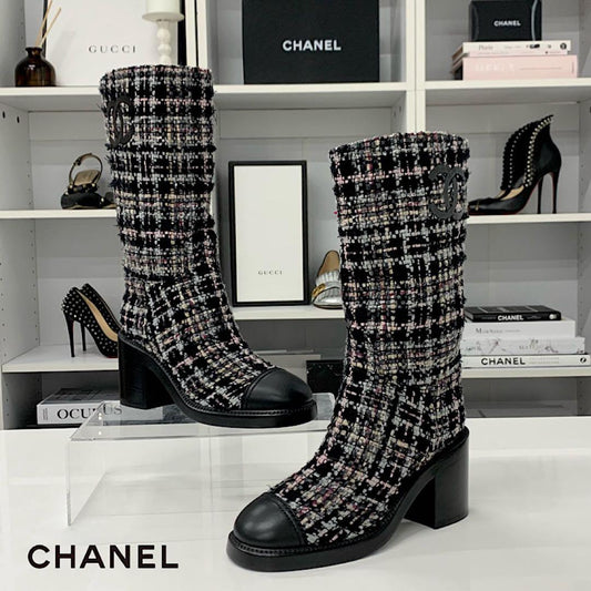 Chanel CC Logo Tweed Long Boots Black Multicolor