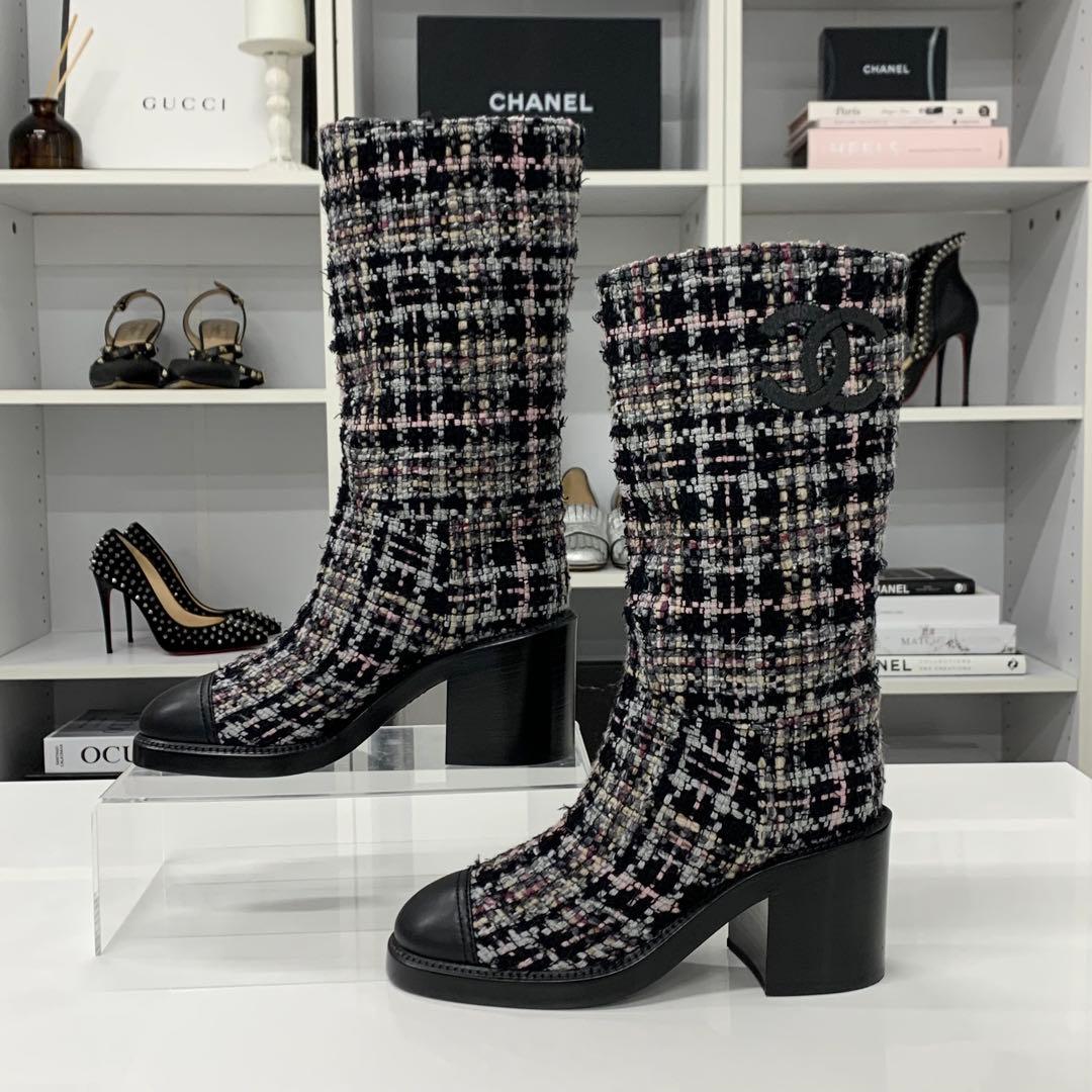 Chanel CC Logo Tweed Long Boots Black Multicolor — view 2