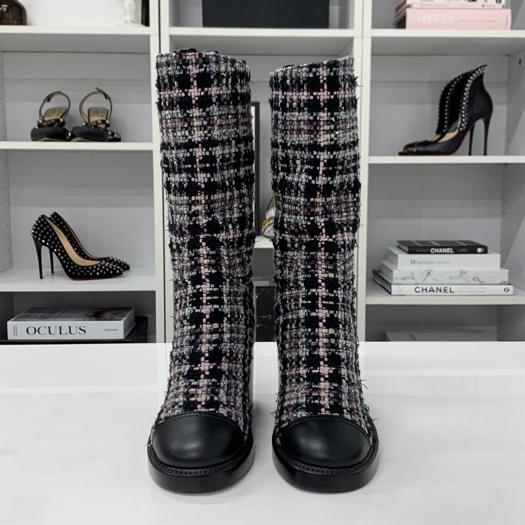 Chanel CC Logo Tweed Long Boots Black Multicolor — view 4