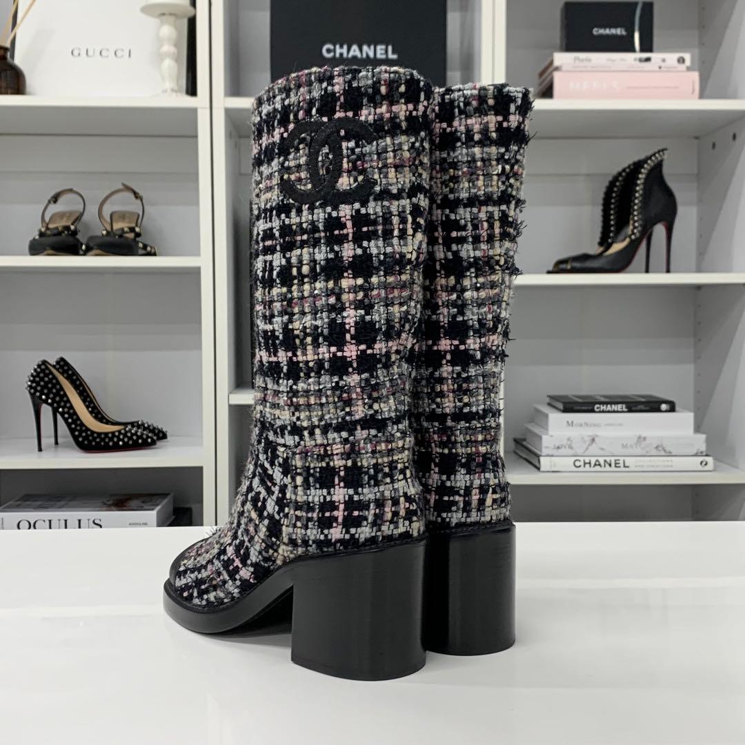 Chanel CC Logo Tweed Long Boots Black Multicolor — view 5