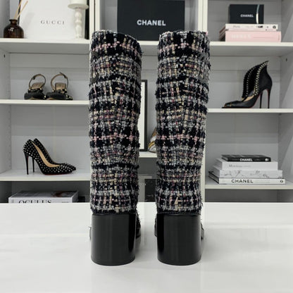 Chanel CC Logo Tweed Long Boots Black Multicolor — view 6
