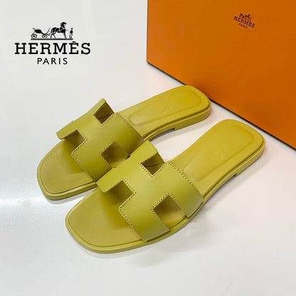 Hermes Oran Leather Flat Sandals Yellow