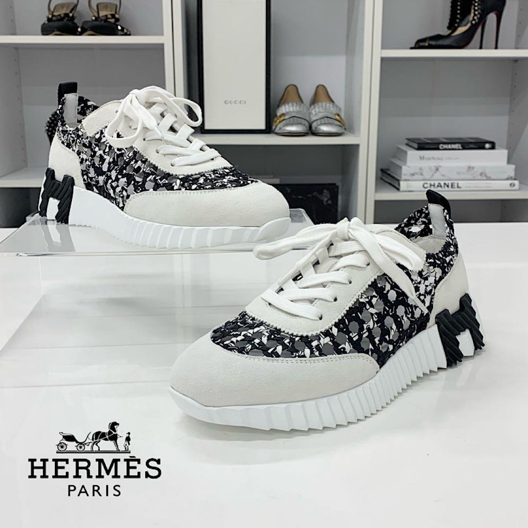 Hermes Bouncing Braided Silk Suede Sneakers Black Gray