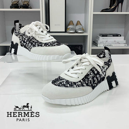 Hermes Bouncing Braided Silk Suede Sneakers Black Gray