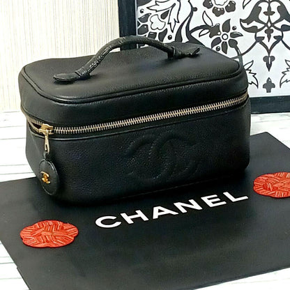 Chanel Vanity Pouch Caviar Leather Black GD CC Logo