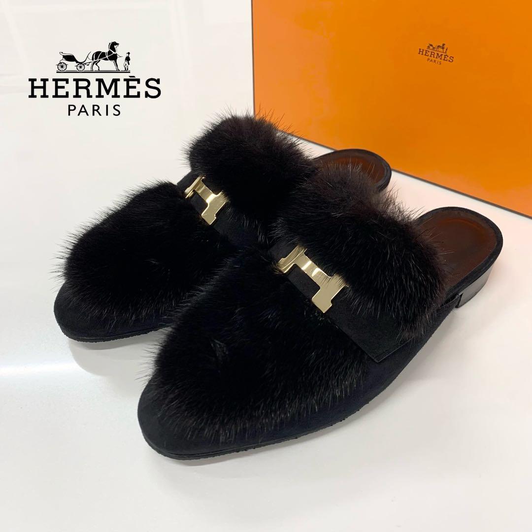 Hermes Fur Suede H Flat Sandals Black