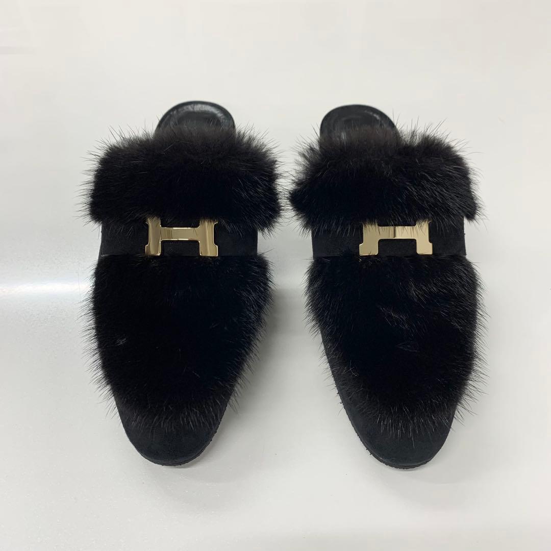 Hermes Fur Suede H Flat Sandals Black — view 2