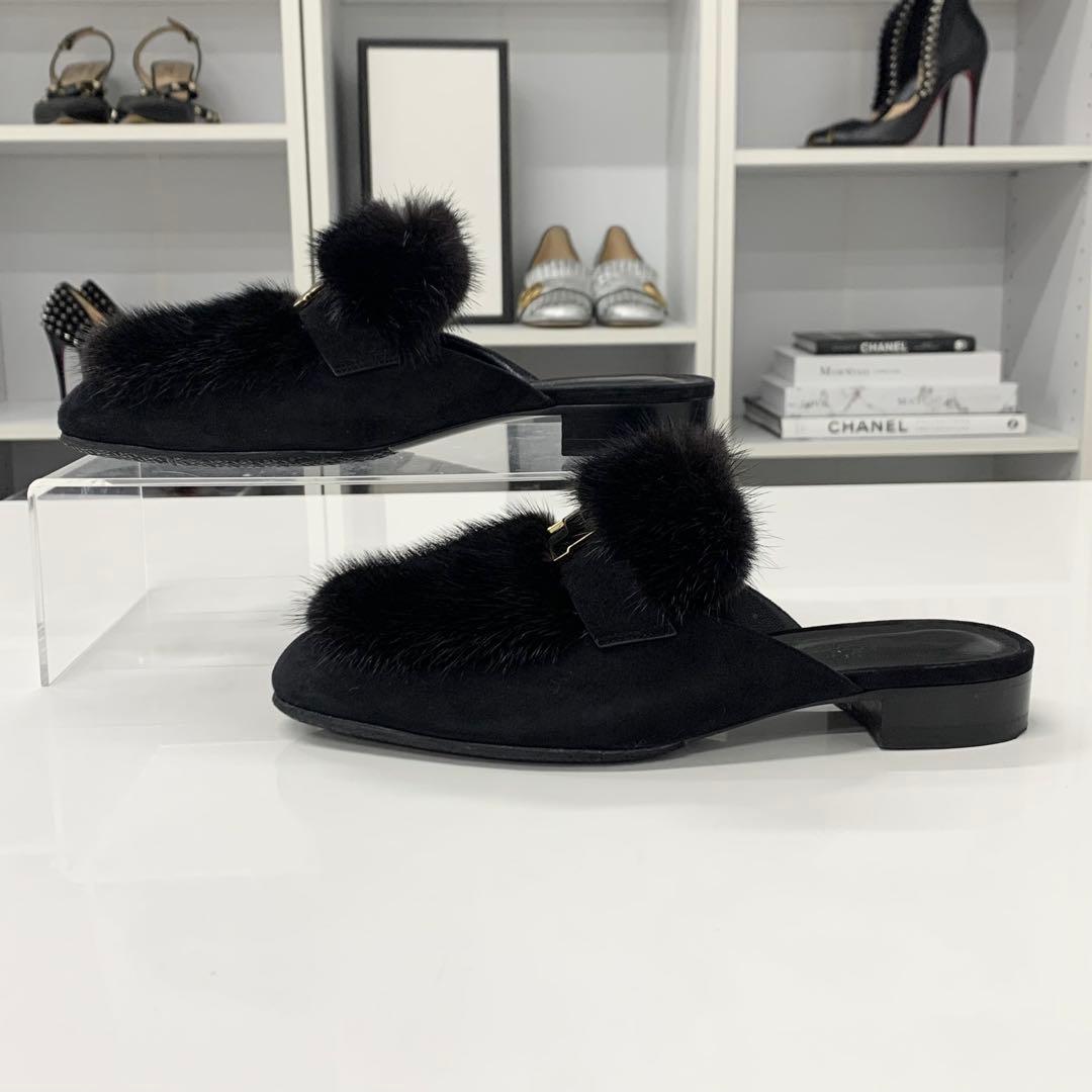 Hermes Fur Suede H Flat Sandals Black — view 3