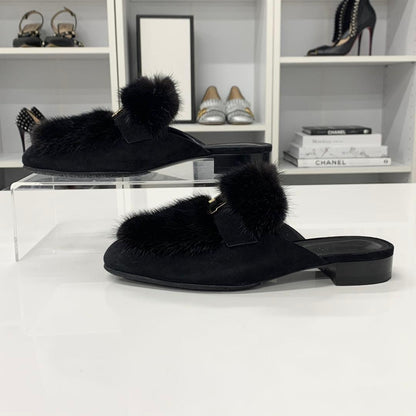 Hermes Fur Suede H Flat Sandals Black — view 3