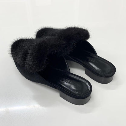 Hermes Fur Suede H Flat Sandals Black — view 4