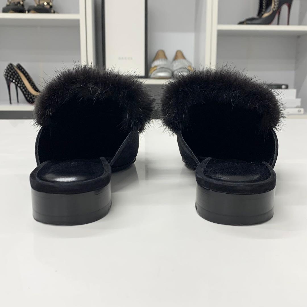 Hermes Fur Suede H Flat Sandals Black — view 5