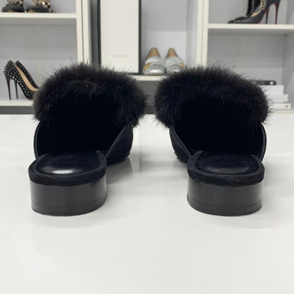 Hermes Fur Suede H Flat Sandals Black — view 5