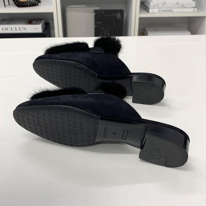 Hermes Fur Suede H Flat Sandals Black — view 6