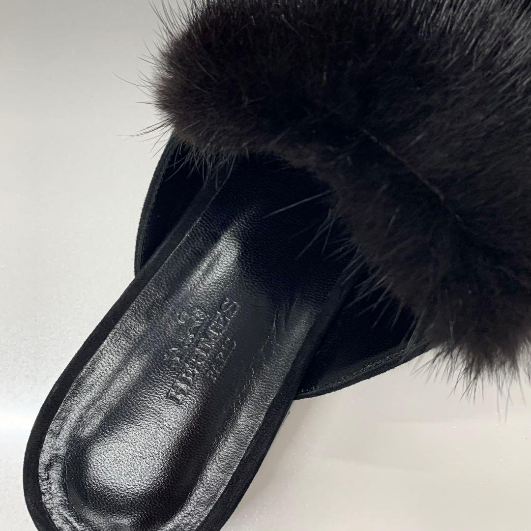 Hermes Fur Suede H Flat Sandals Black — view 7