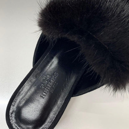 Hermes Fur Suede H Flat Sandals Black — view 7