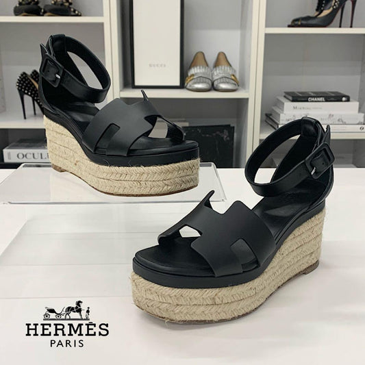 Hermes Elda Leather Espadrilles Wedge Sole Strap Sandals