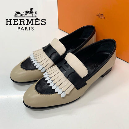 Hermes Royale Leather Hhardware Fringe Loafers Beige Black