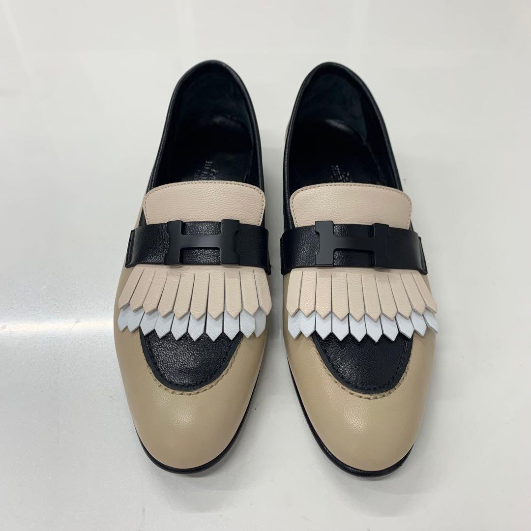 Hermes Royale Leather Hhardware Fringe Loafers Beige Black