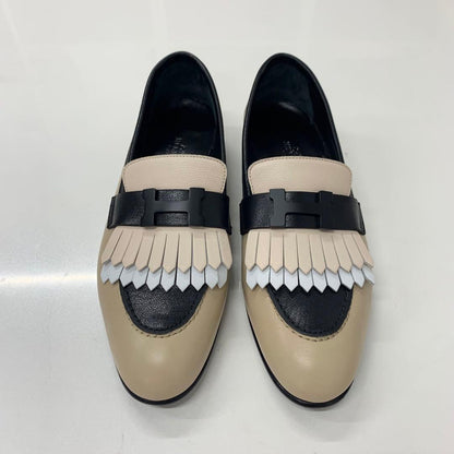 Hermes Royale Leather Hhardware Fringe Loafers Beige Black
