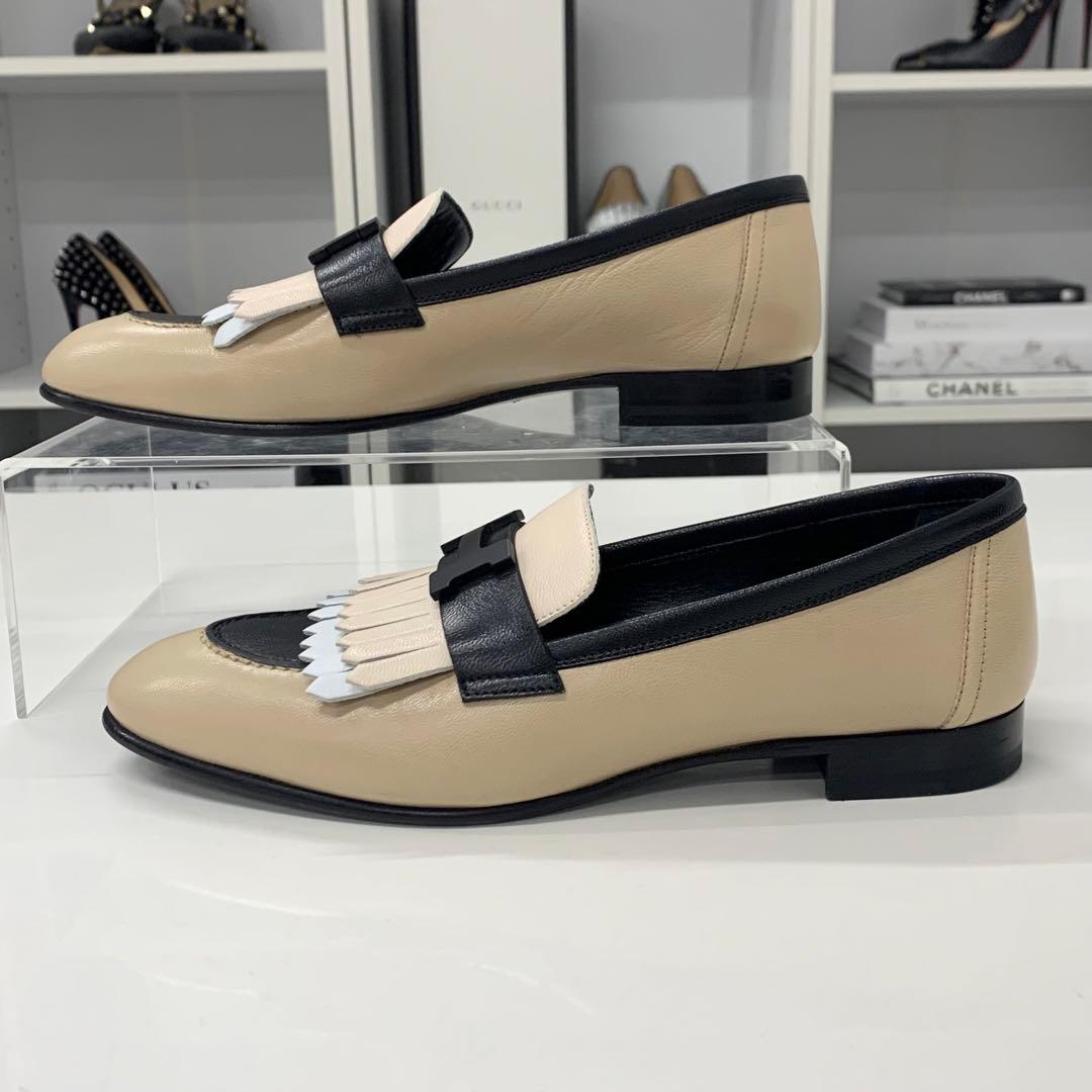 Hermes Royale Leather Hhardware Fringe Loafers Beige Black
