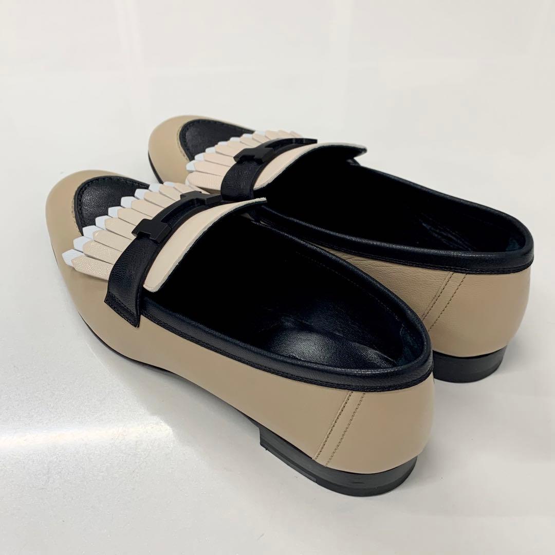 Hermes Royale Leather Hhardware Fringe Loafers Beige Black